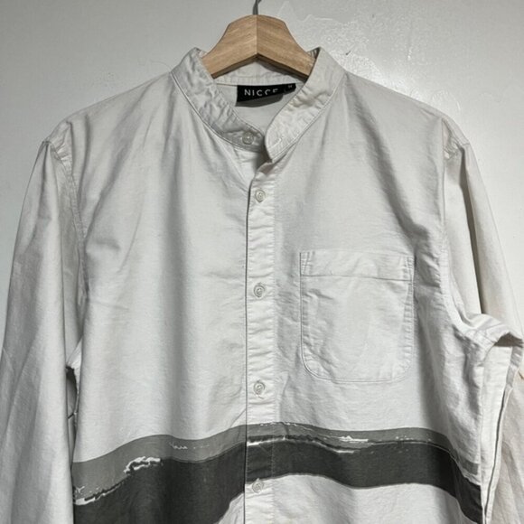 NICCE London White Painter Stripe Button-Up Shirt - Size M - Banded Collar - Picture 5 of 8